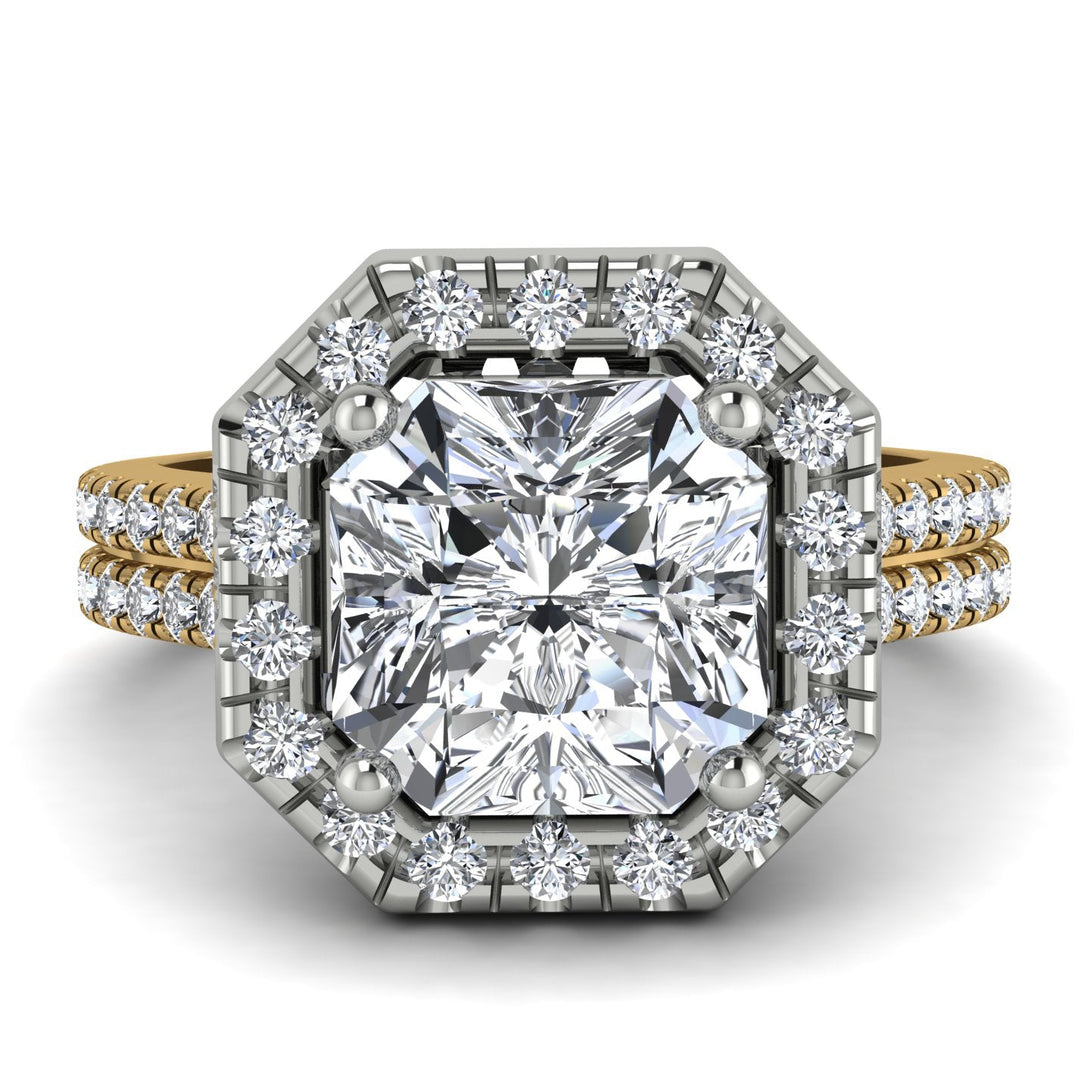 Two Tones Gorgeous Radiant Cut Diamond Pave Double Shank Engagement Ring With Hidden Stone - Felicity No. 77