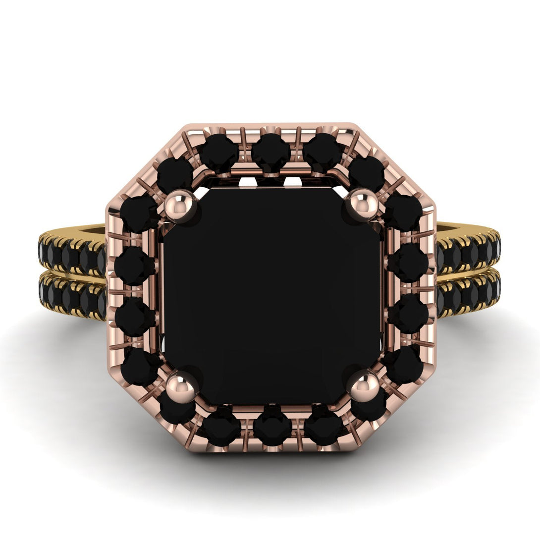 Two Tones Gorgeous Radiant Cut Black Diamond Pave Double Shank Engagement Ring With Hidden Stone - Felicity No. 79