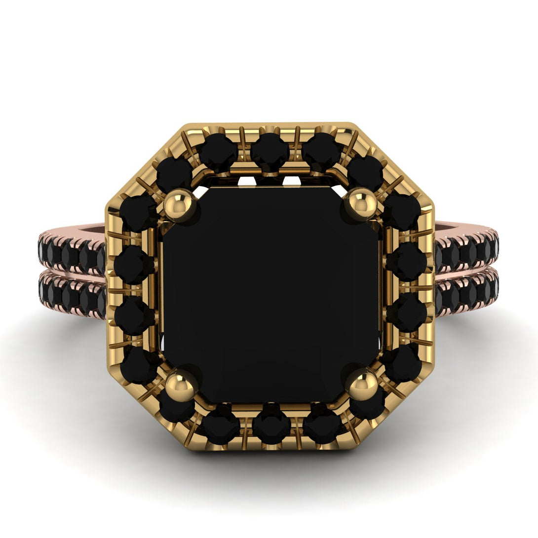 Two Tones Gorgeous Radiant Cut Black Diamond Pave Double Shank Engagement Ring With Hidden Stone - Felicity No. 79