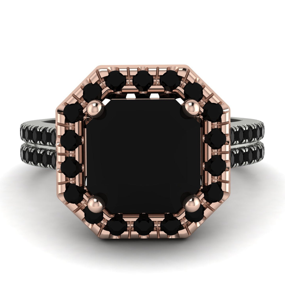 Two Tones Gorgeous Radiant Cut Black Diamond Pave Double Shank Engagement Ring With Hidden Stone - Felicity No. 81