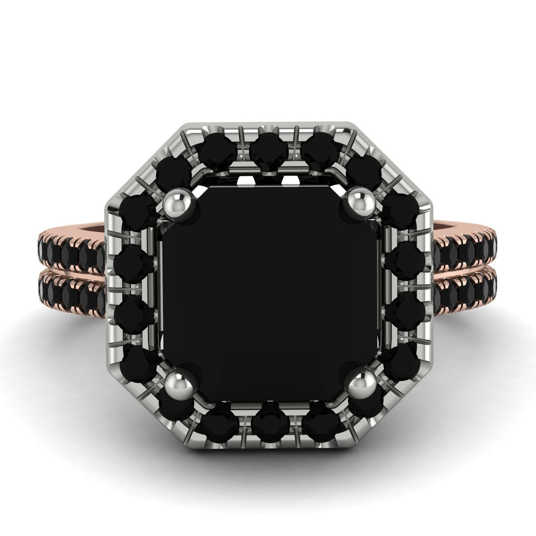 Two Tones Gorgeous Radiant Cut Black Diamond Pave Double Shank Engagement Ring With Hidden Stone - Felicity No. 81