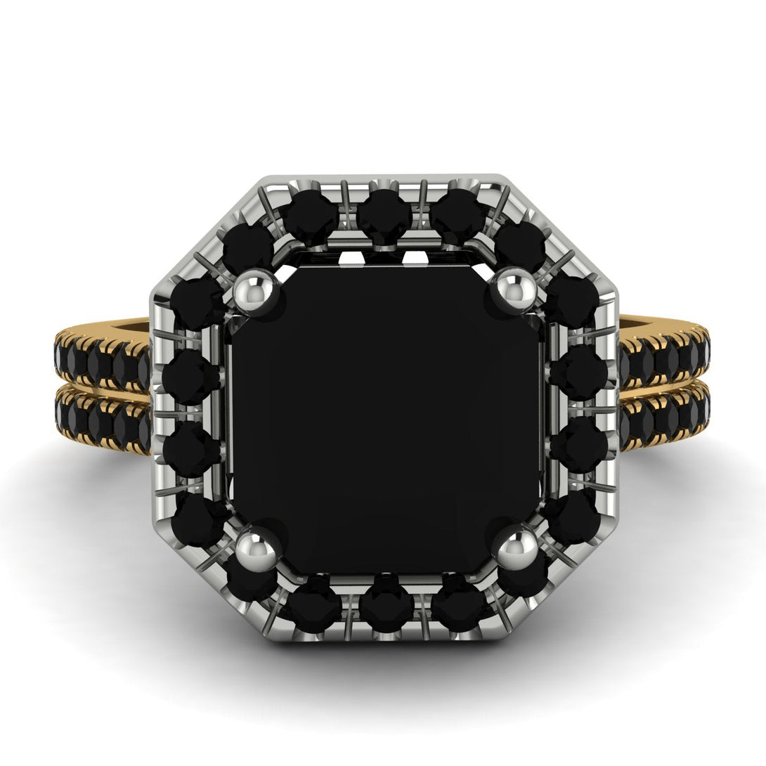 Two Tones Gorgeous Radiant Cut Black Diamond Pave Double Shank Engagement Ring With Hidden Stone - Felicity No. 80