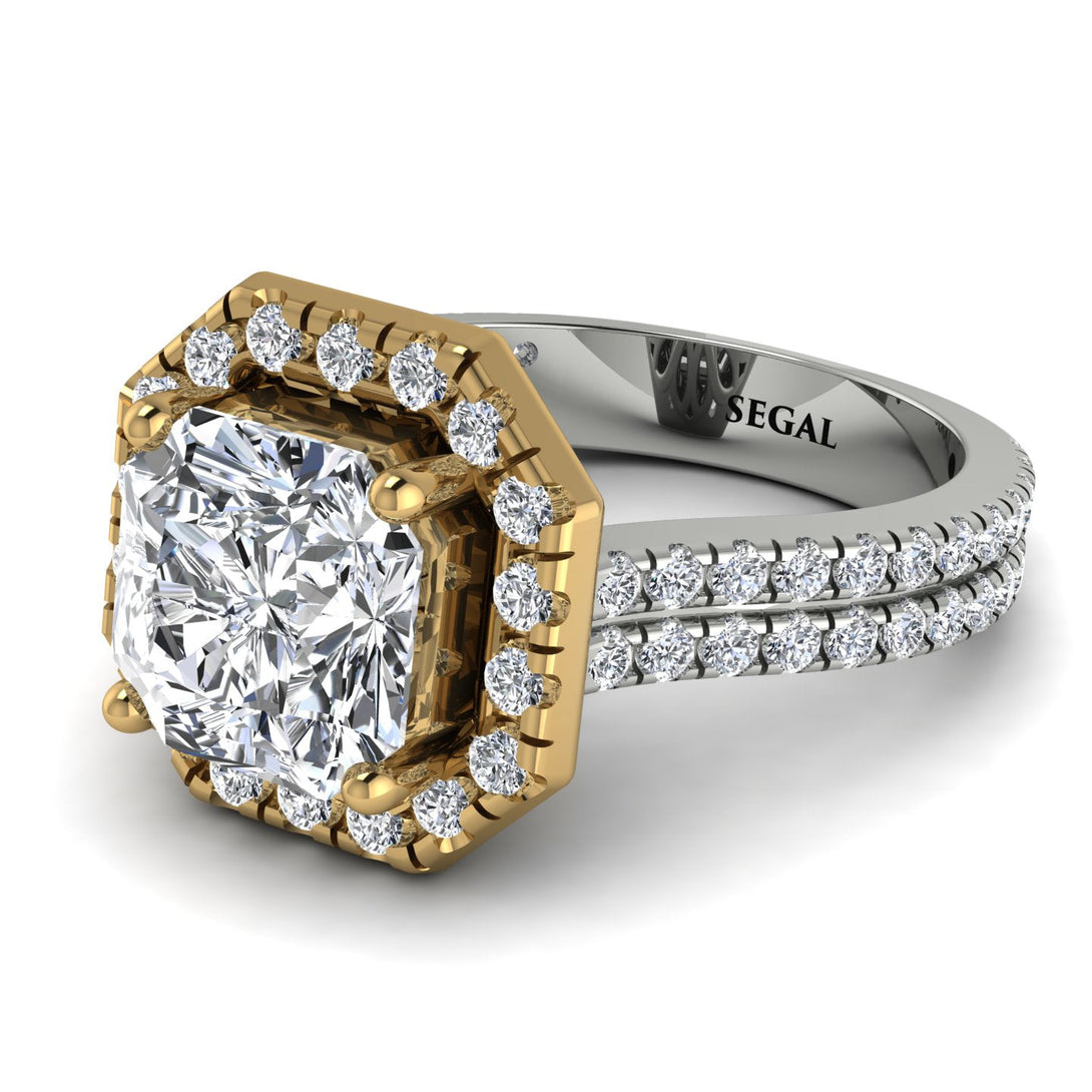 Two Tones Gorgeous Radiant Cut Diamond Pave Double Shank Engagement Ring With Hidden Stone - Felicity No. 77