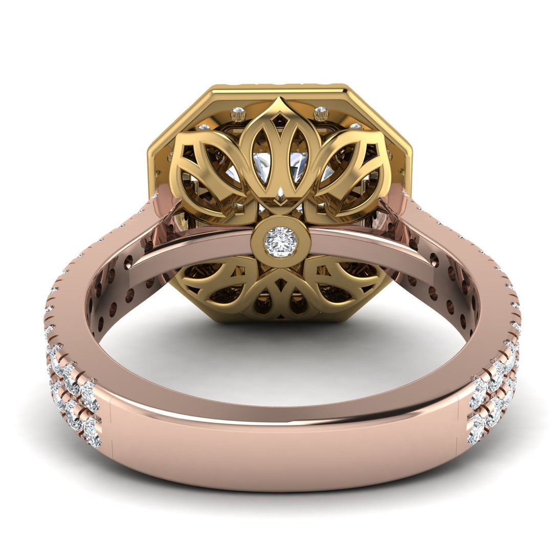 Two Tones Gorgeous Radiant Cut Diamond Pave Double Shank Engagement Ring With Hidden Stone - Felicity No. 76