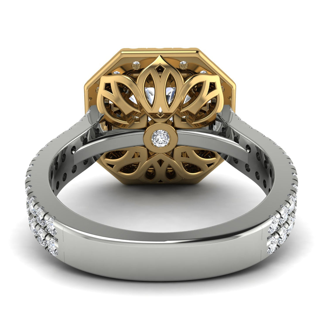 Two Tones Gorgeous Radiant Cut Diamond Pave Double Shank Engagement Ring With Hidden Stone - Felicity No. 77