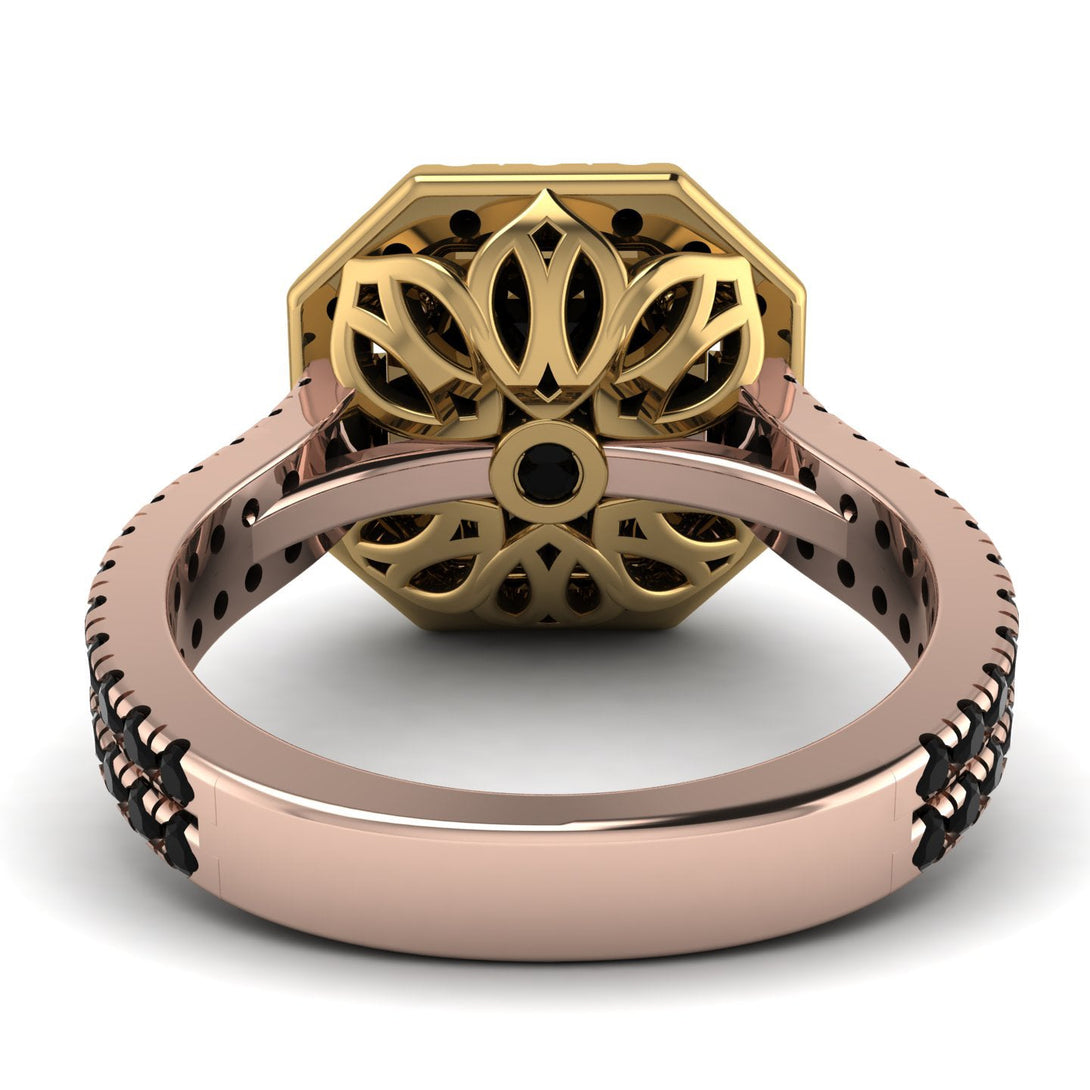 Two Tones Gorgeous Radiant Cut Black Diamond Pave Double Shank Engagement Ring With Hidden Stone - Felicity No. 79