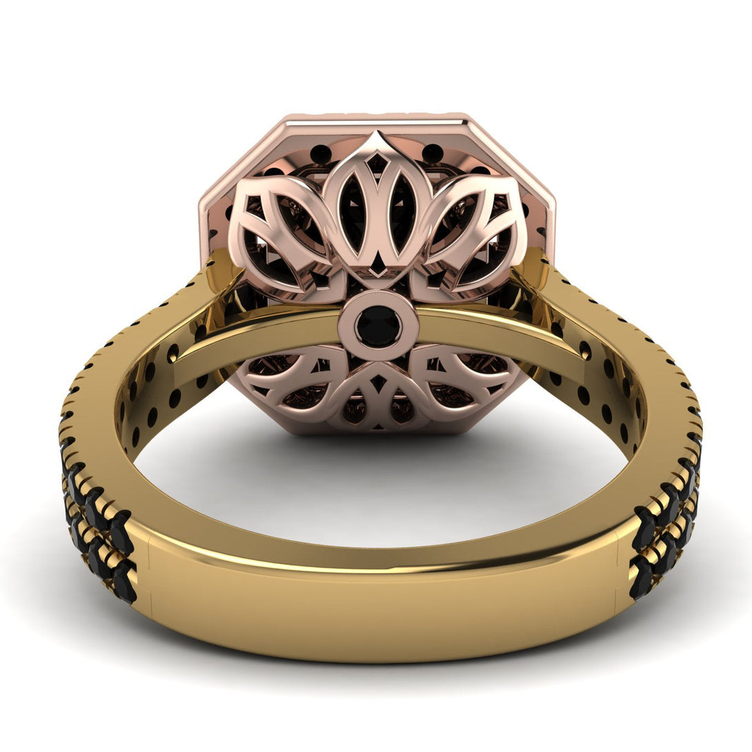 Two Tones Gorgeous Radiant Cut Black Diamond Pave Double Shank Engagement Ring With Hidden Stone - Felicity No. 79