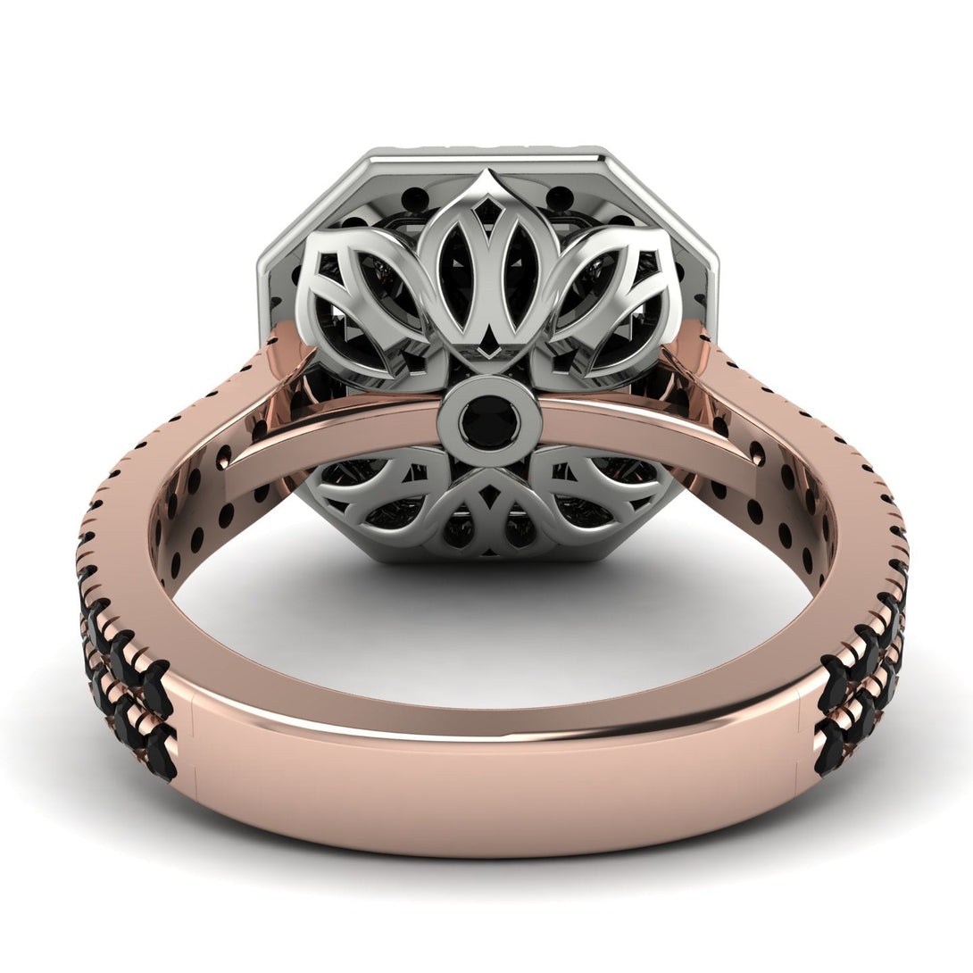 Two Tones Gorgeous Radiant Cut Black Diamond Pave Double Shank Engagement Ring With Hidden Stone - Felicity No. 81