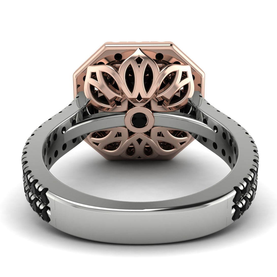 Two Tones Gorgeous Radiant Cut Black Diamond Pave Double Shank Engagement Ring With Hidden Stone - Felicity No. 81