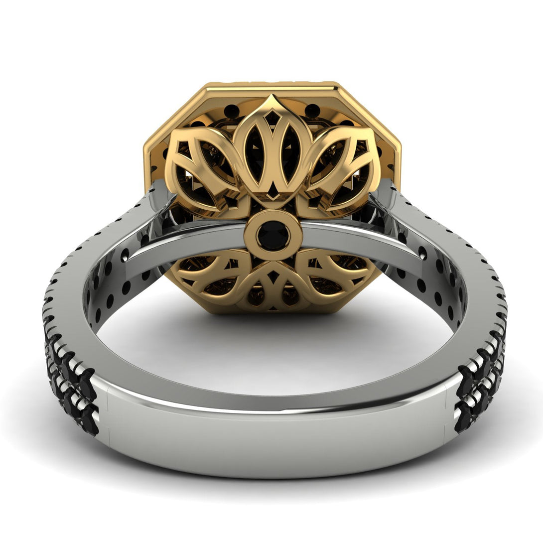 Two Tones Gorgeous Radiant Cut Black Diamond Pave Double Shank Engagement Ring With Hidden Stone - Felicity No. 80