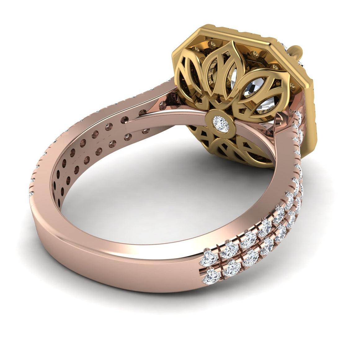Two Tones Gorgeous Radiant Cut Diamond Pave Double Shank Engagement Ring With Hidden Stone - Felicity No. 76