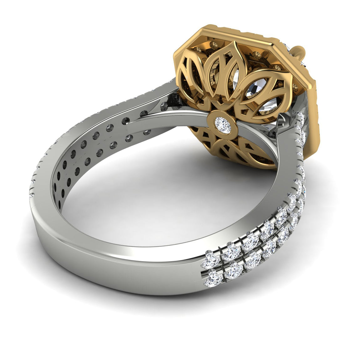 Two Tones Gorgeous Radiant Cut Diamond Pave Double Shank Engagement Ring With Hidden Stone - Felicity No. 77