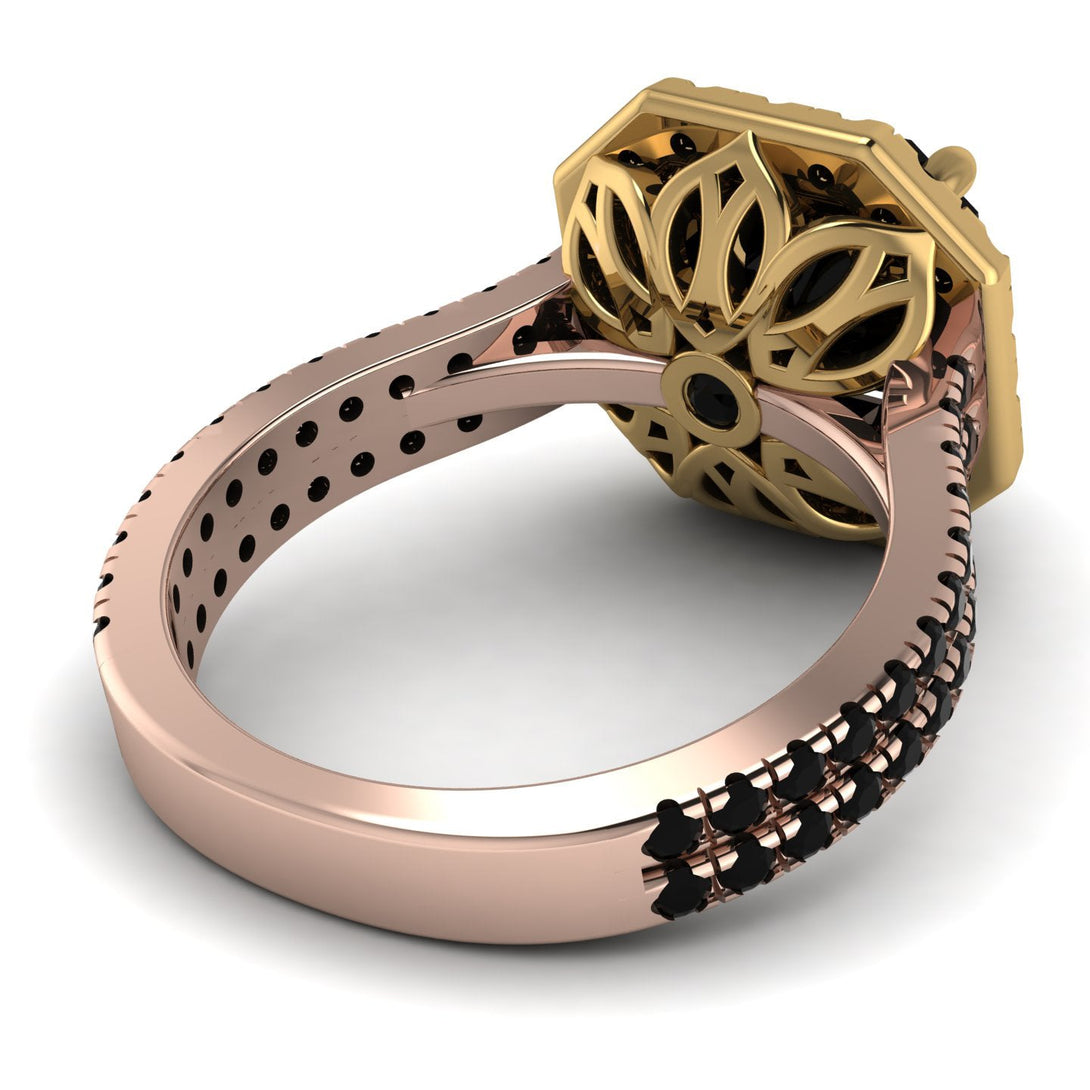 Two Tones Gorgeous Radiant Cut Black Diamond Pave Double Shank Engagement Ring With Hidden Stone - Felicity No. 79