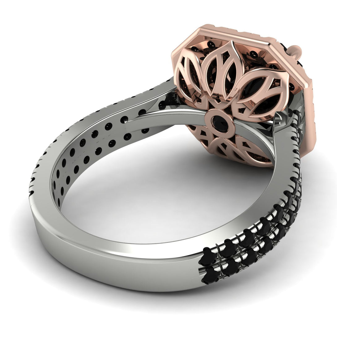 Two Tones Gorgeous Radiant Cut Black Diamond Pave Double Shank Engagement Ring With Hidden Stone - Felicity No. 81