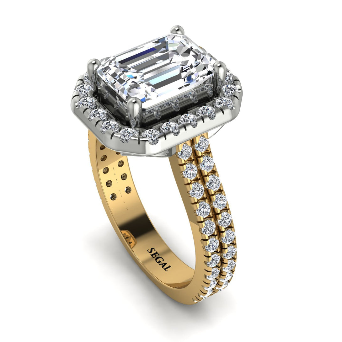Two Tones Gorgeous Emerald Cut Diamond Pave Double Shank Engagement Ring With Hidden Stone - Veronica No. 77