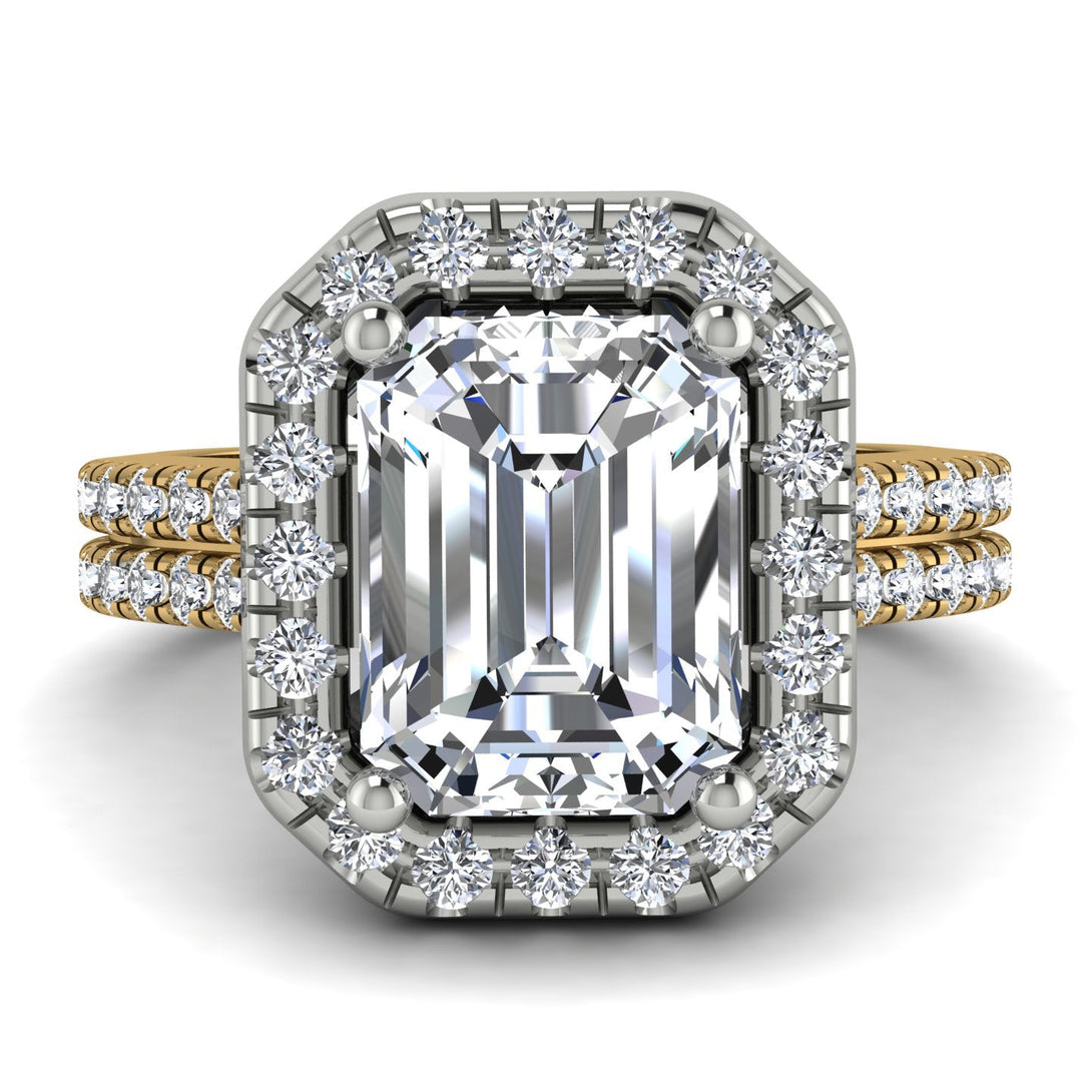 Two Tones Gorgeous Emerald Cut Diamond Pave Double Shank Engagement Ring With Hidden Stone - Veronica No. 77