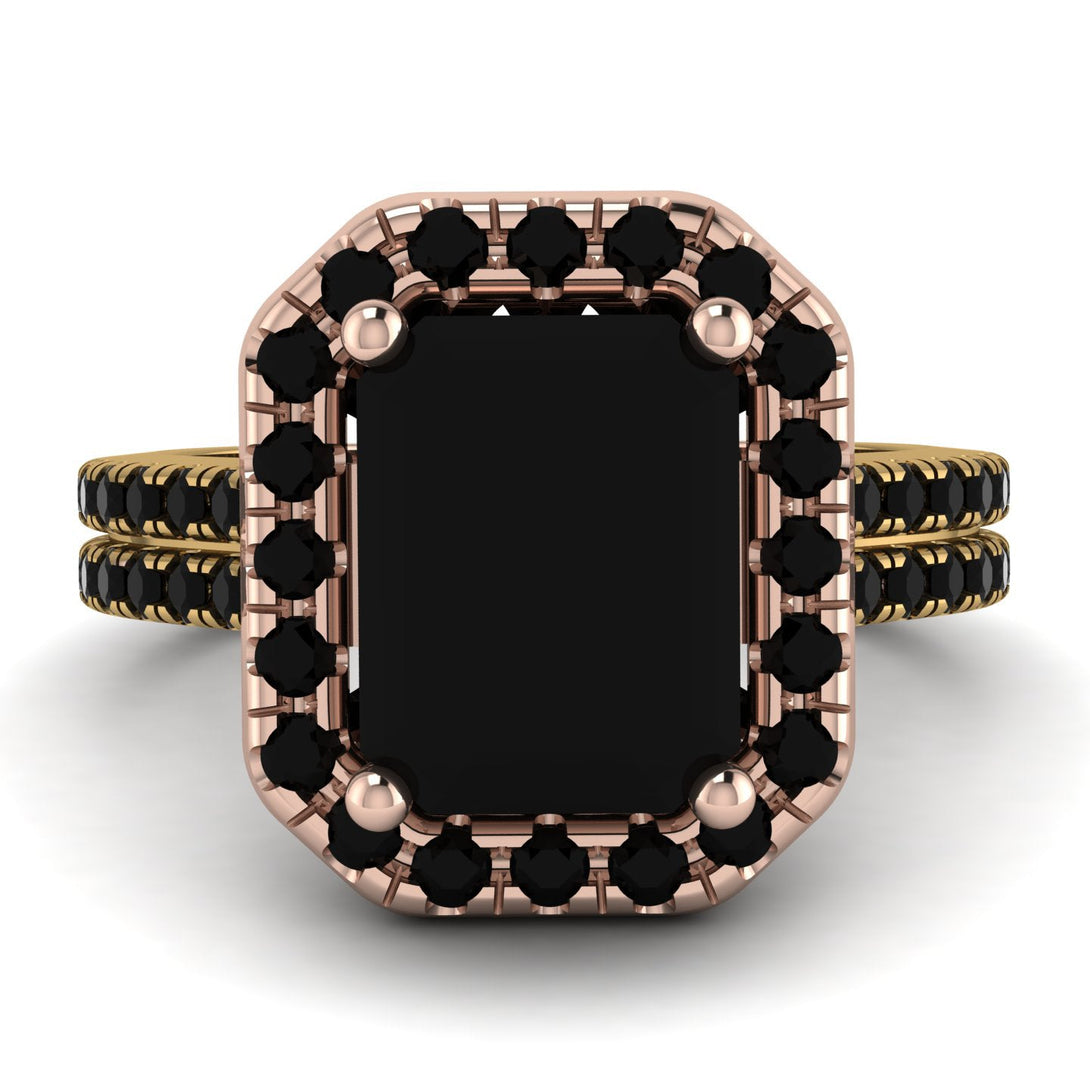 Two Tones Gorgeous Emerald Cut Black Diamond Pave Double Shank Engagement Ring With Hidden Stone - Veronica No. 79