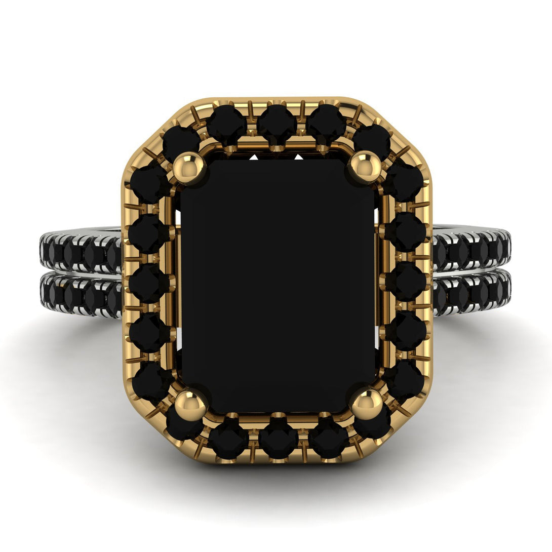 Two Tones Gorgeous Emerald Cut Black Diamond Pave Double Shank Engagement Ring With Hidden Stone - Veronica No. 80