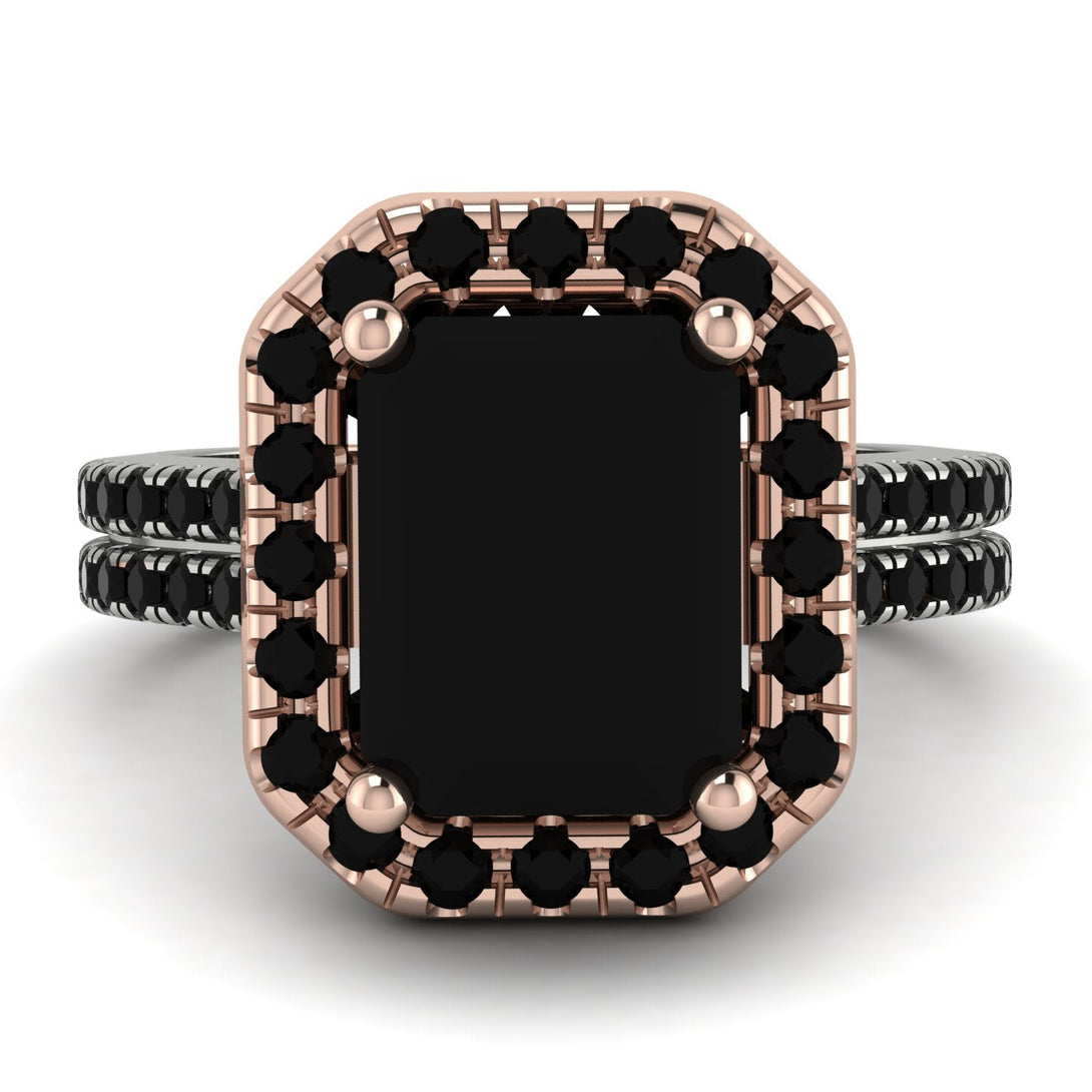 Two Tones Gorgeous Emerald Cut Black Diamond Pave Double Shank Engagement Ring With Hidden Stone - Veronica No. 81