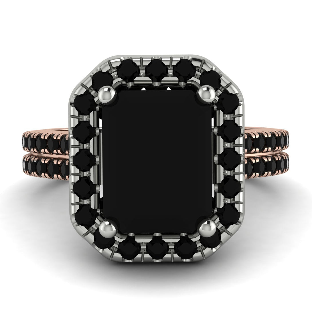 Two Tones Gorgeous Emerald Cut Black Diamond Pave Double Shank Engagement Ring With Hidden Stone - Veronica No. 81