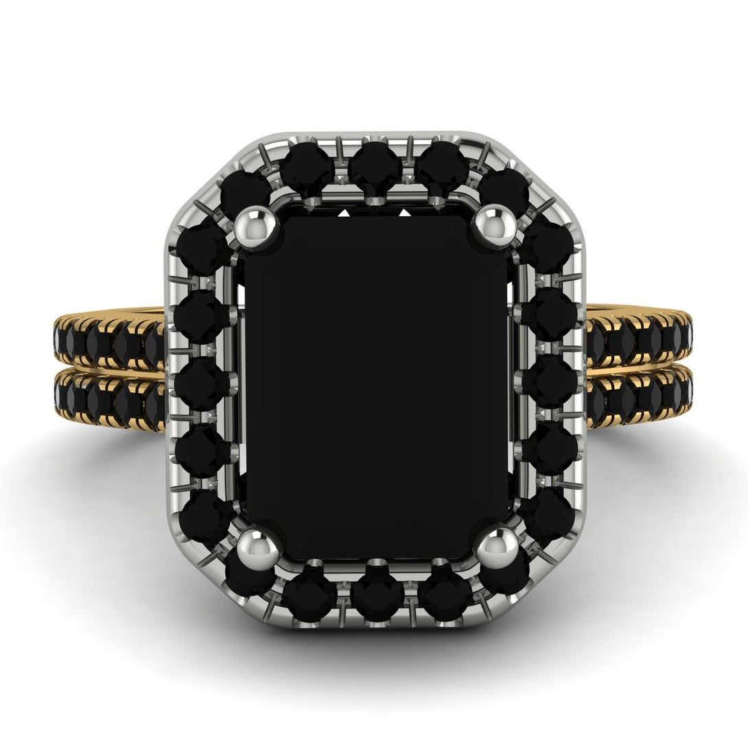 Two Tones Gorgeous Emerald Cut Black Diamond Pave Double Shank Engagement Ring With Hidden Stone - Veronica No. 80