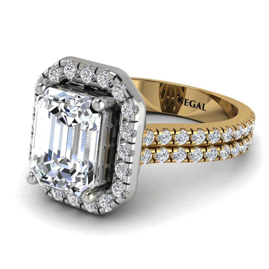 Two Tones Gorgeous Emerald Cut Diamond Pave Double Shank Engagement Ring With Hidden Stone - Veronica No. 77