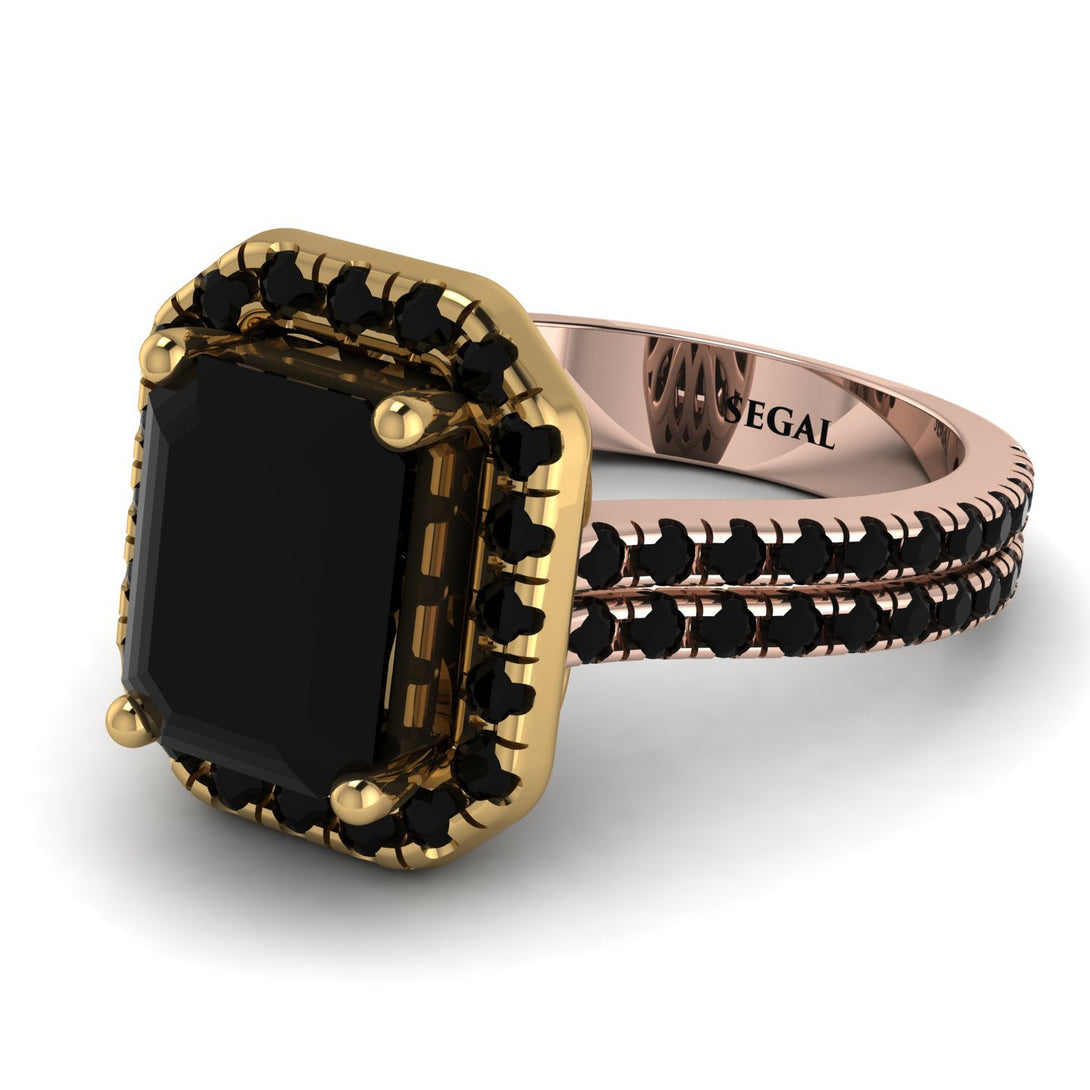 Two Tones Gorgeous Emerald Cut Black Diamond Pave Double Shank Engagement Ring With Hidden Stone - Veronica No. 79