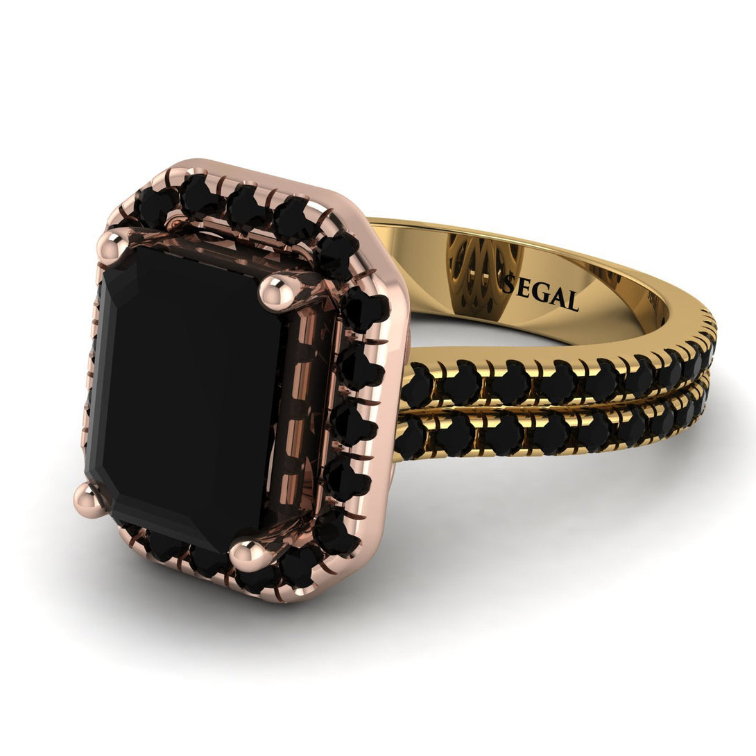 Two Tones Gorgeous Emerald Cut Black Diamond Pave Double Shank Engagement Ring With Hidden Stone - Veronica No. 79