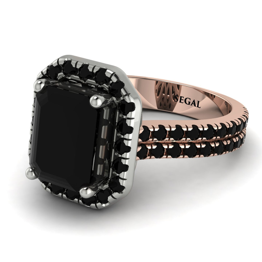 Two Tones Gorgeous Emerald Cut Black Diamond Pave Double Shank Engagement Ring With Hidden Stone - Veronica No. 81