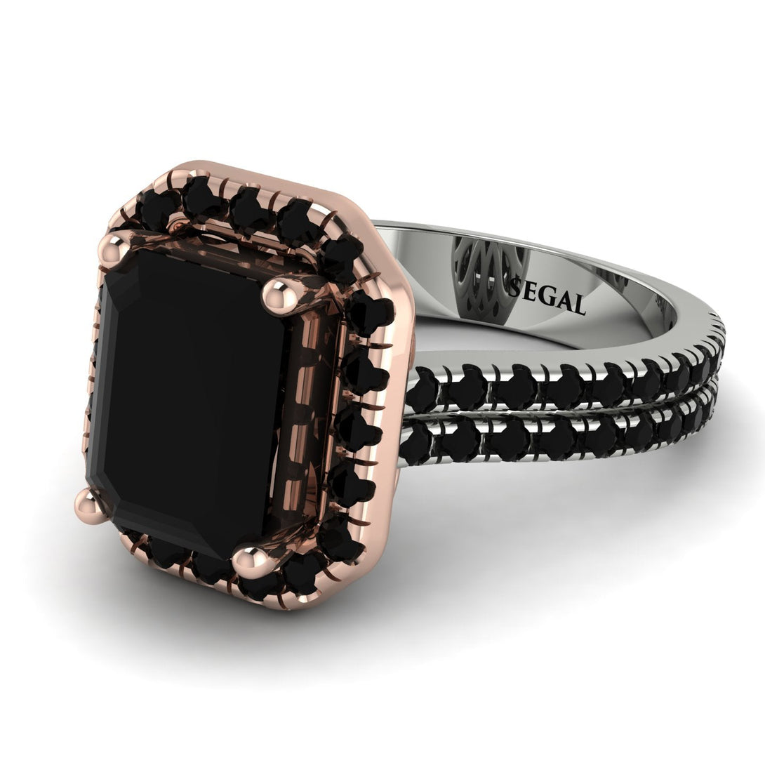 Two Tones Gorgeous Emerald Cut Black Diamond Pave Double Shank Engagement Ring With Hidden Stone - Veronica No. 81