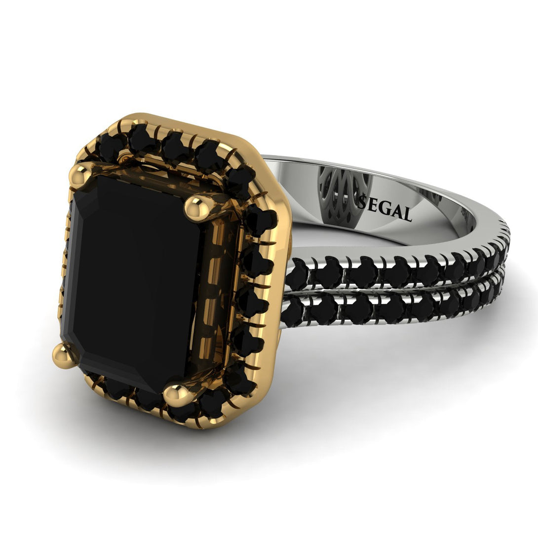 Two Tones Gorgeous Emerald Cut Black Diamond Pave Double Shank Engagement Ring With Hidden Stone - Veronica No. 80