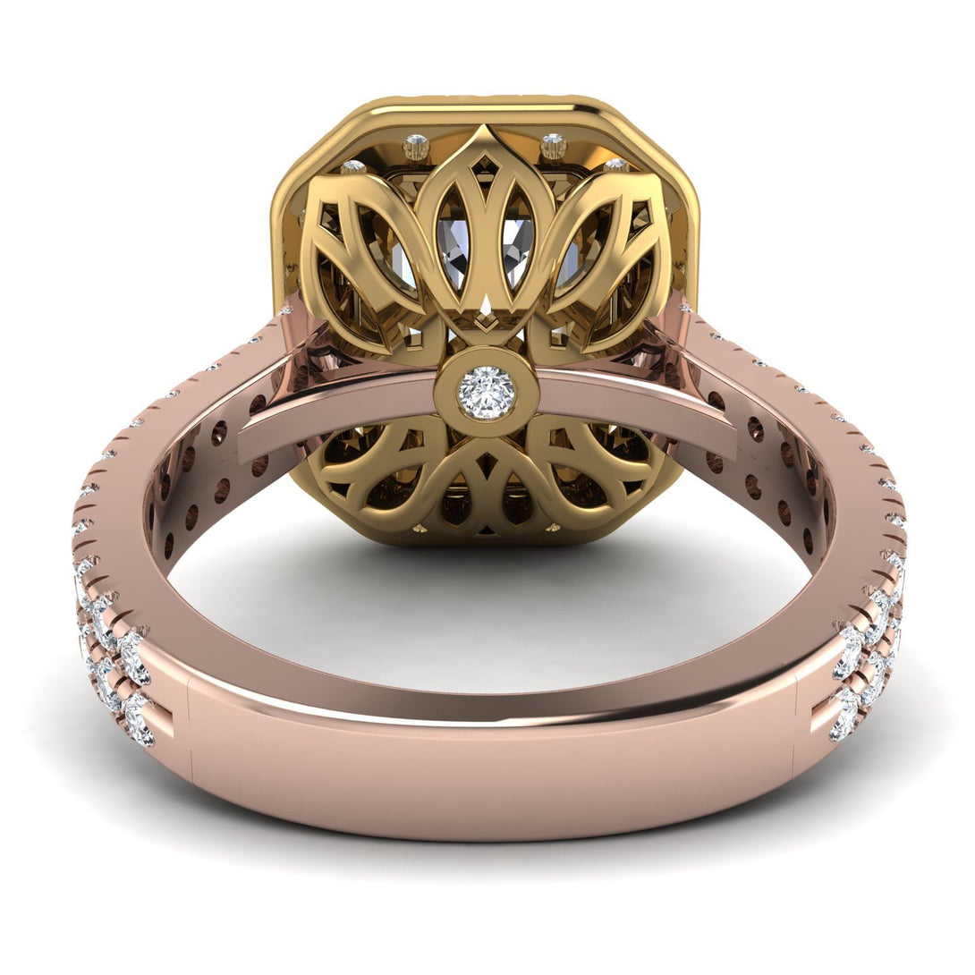 Two Tones Gorgeous Emerald Cut Diamond Pave Double Shank Engagement Ring With Hidden Stone - Veronica No. 76