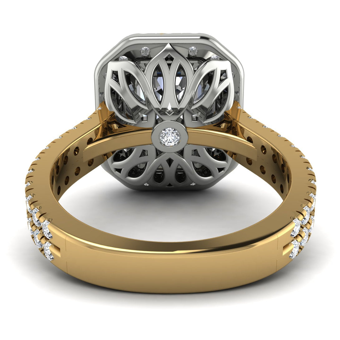 Two Tones Gorgeous Emerald Cut Diamond Pave Double Shank Engagement Ring With Hidden Stone - Veronica No. 77