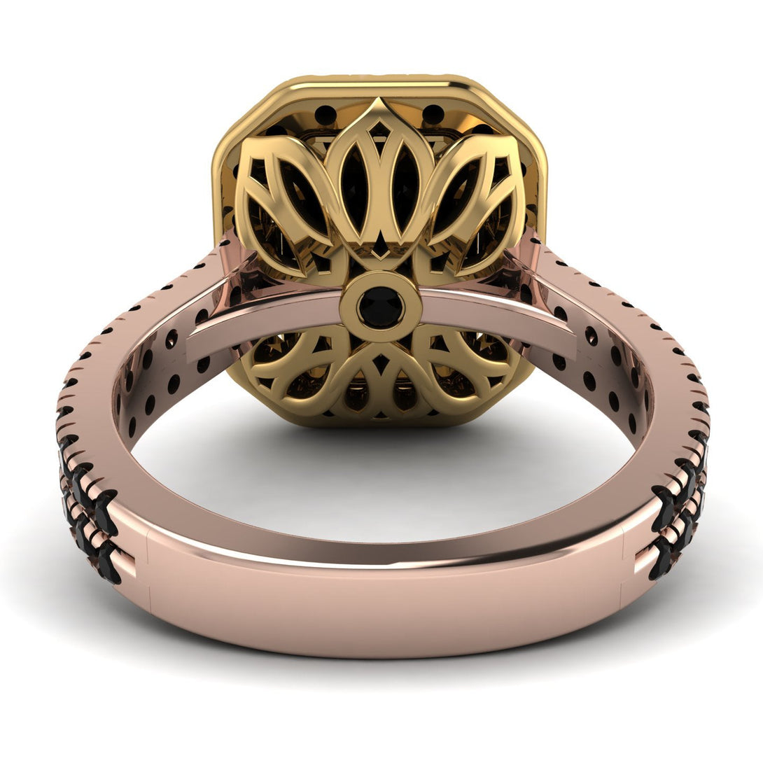 Two Tones Gorgeous Emerald Cut Black Diamond Pave Double Shank Engagement Ring With Hidden Stone - Veronica No. 79