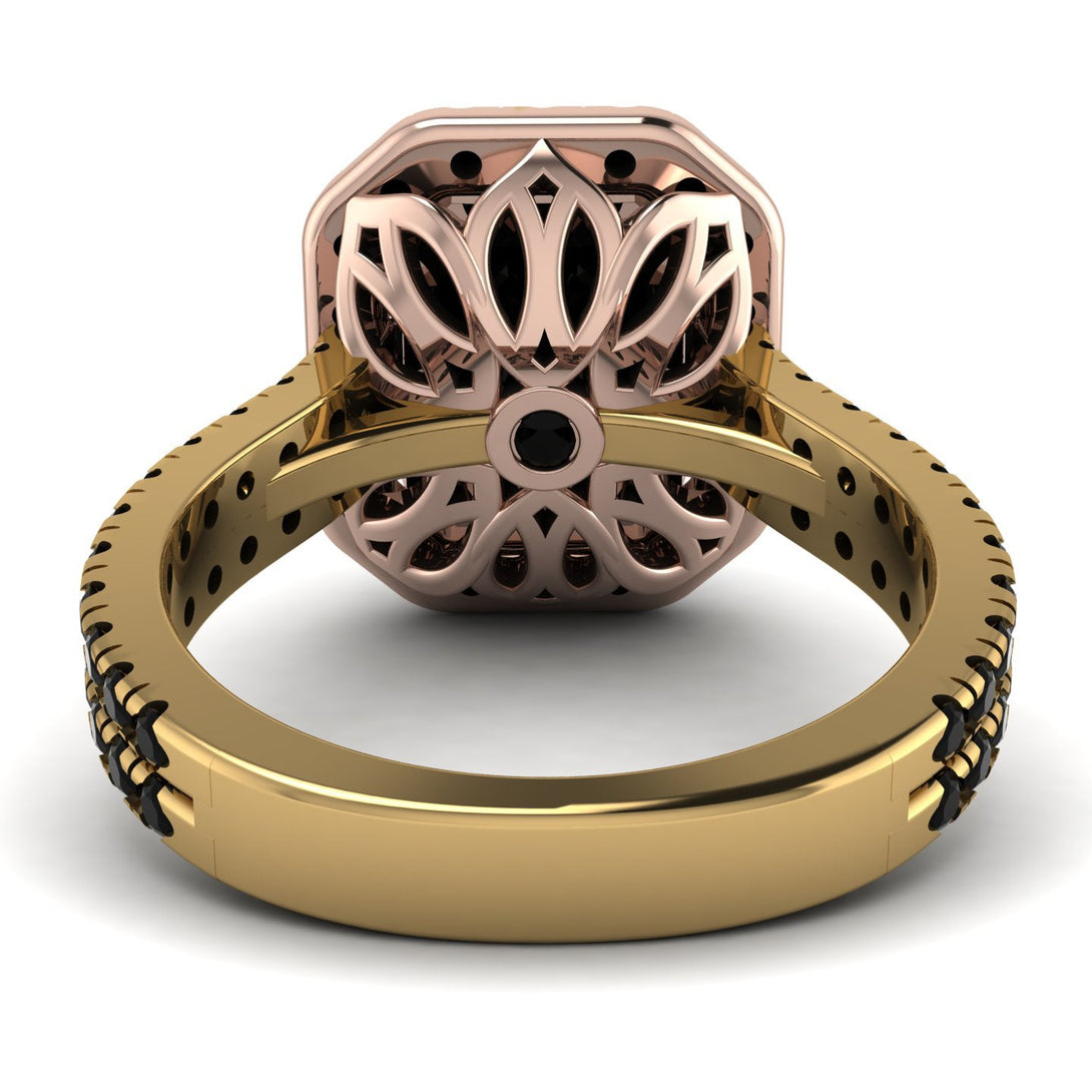 Two Tones Gorgeous Emerald Cut Black Diamond Pave Double Shank Engagement Ring With Hidden Stone - Veronica No. 79