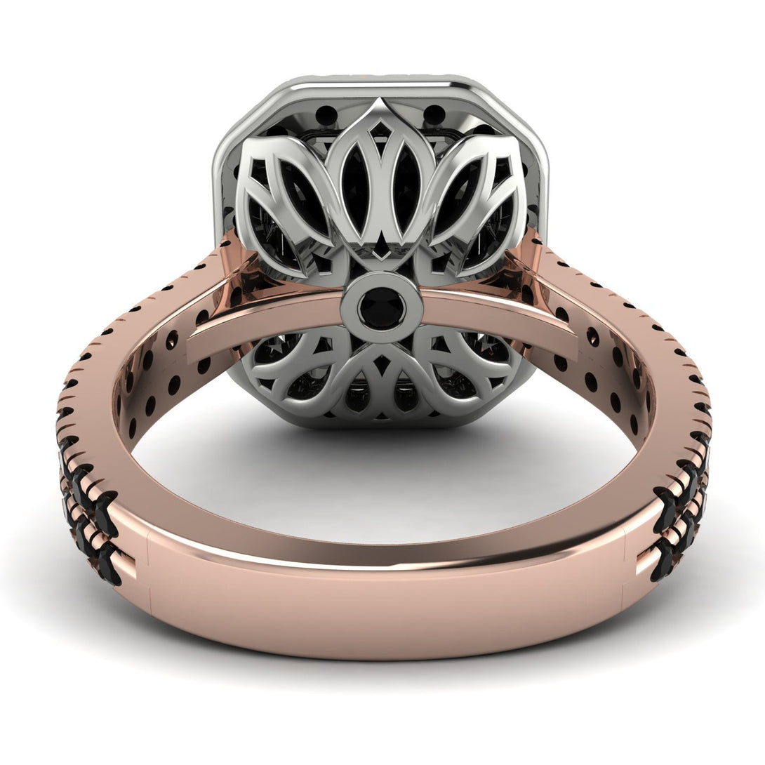 Two Tones Gorgeous Emerald Cut Black Diamond Pave Double Shank Engagement Ring With Hidden Stone - Veronica No. 81