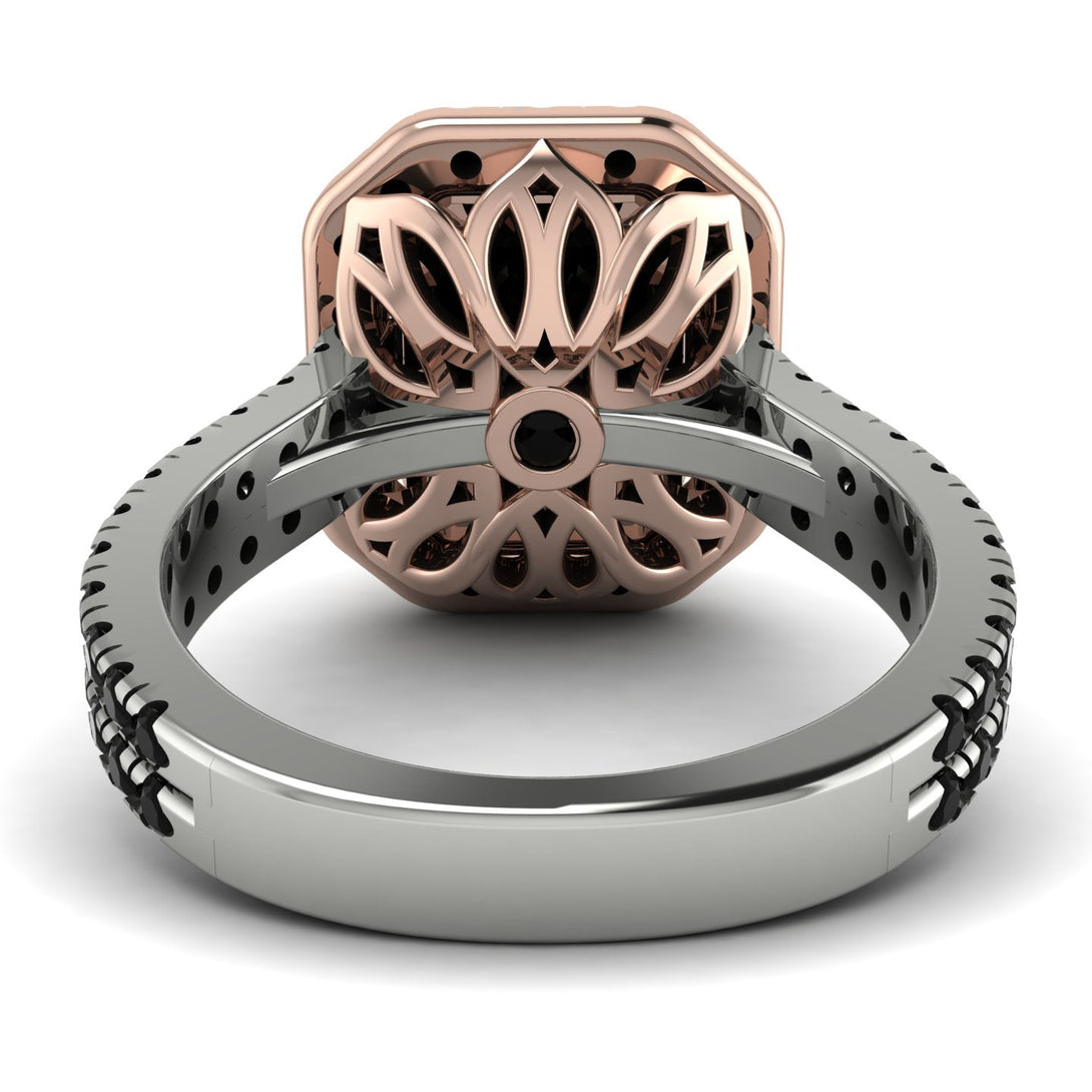 Two Tones Gorgeous Emerald Cut Black Diamond Pave Double Shank Engagement Ring With Hidden Stone - Veronica No. 81