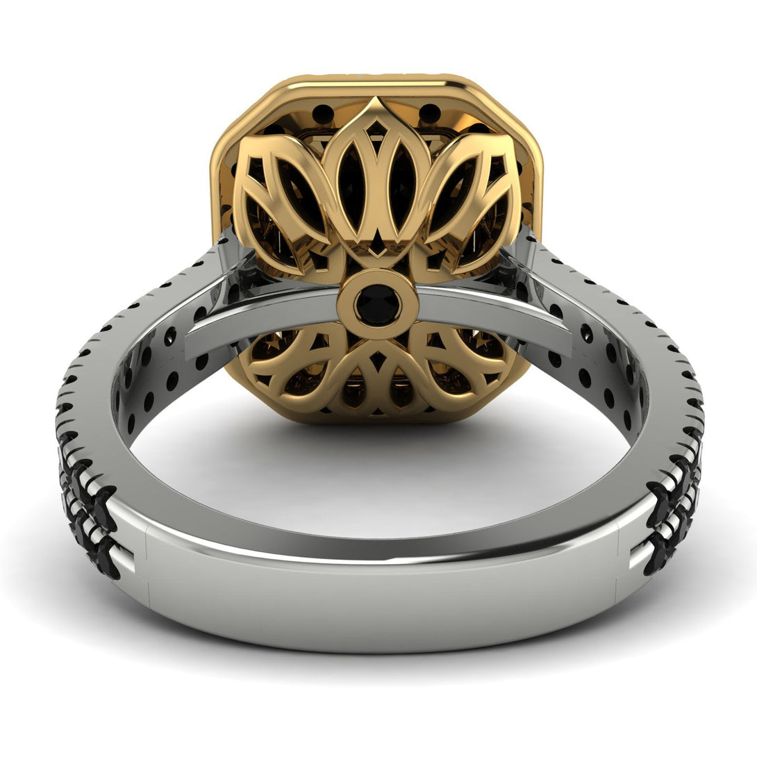 Two Tones Gorgeous Emerald Cut Black Diamond Pave Double Shank Engagement Ring With Hidden Stone - Veronica No. 80