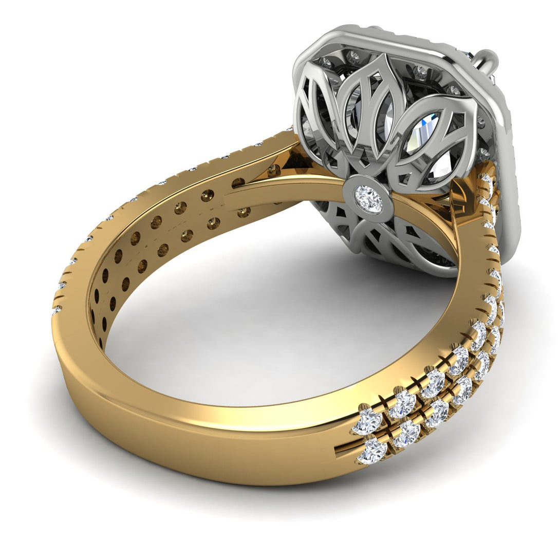 Two Tones Gorgeous Emerald Cut Diamond Pave Double Shank Engagement Ring With Hidden Stone - Veronica No. 77