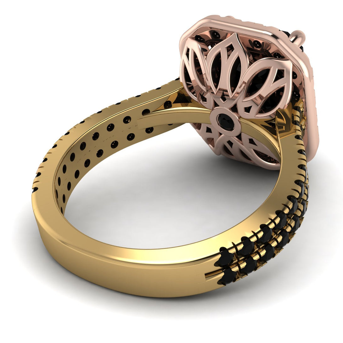 Two Tones Gorgeous Emerald Cut Black Diamond Pave Double Shank Engagement Ring With Hidden Stone - Veronica No. 79