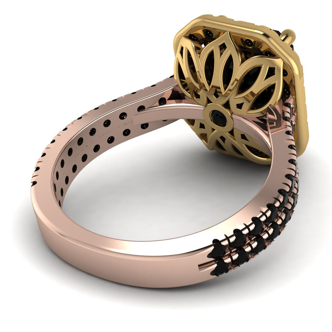 Two Tones Gorgeous Emerald Cut Black Diamond Pave Double Shank Engagement Ring With Hidden Stone - Veronica No. 79