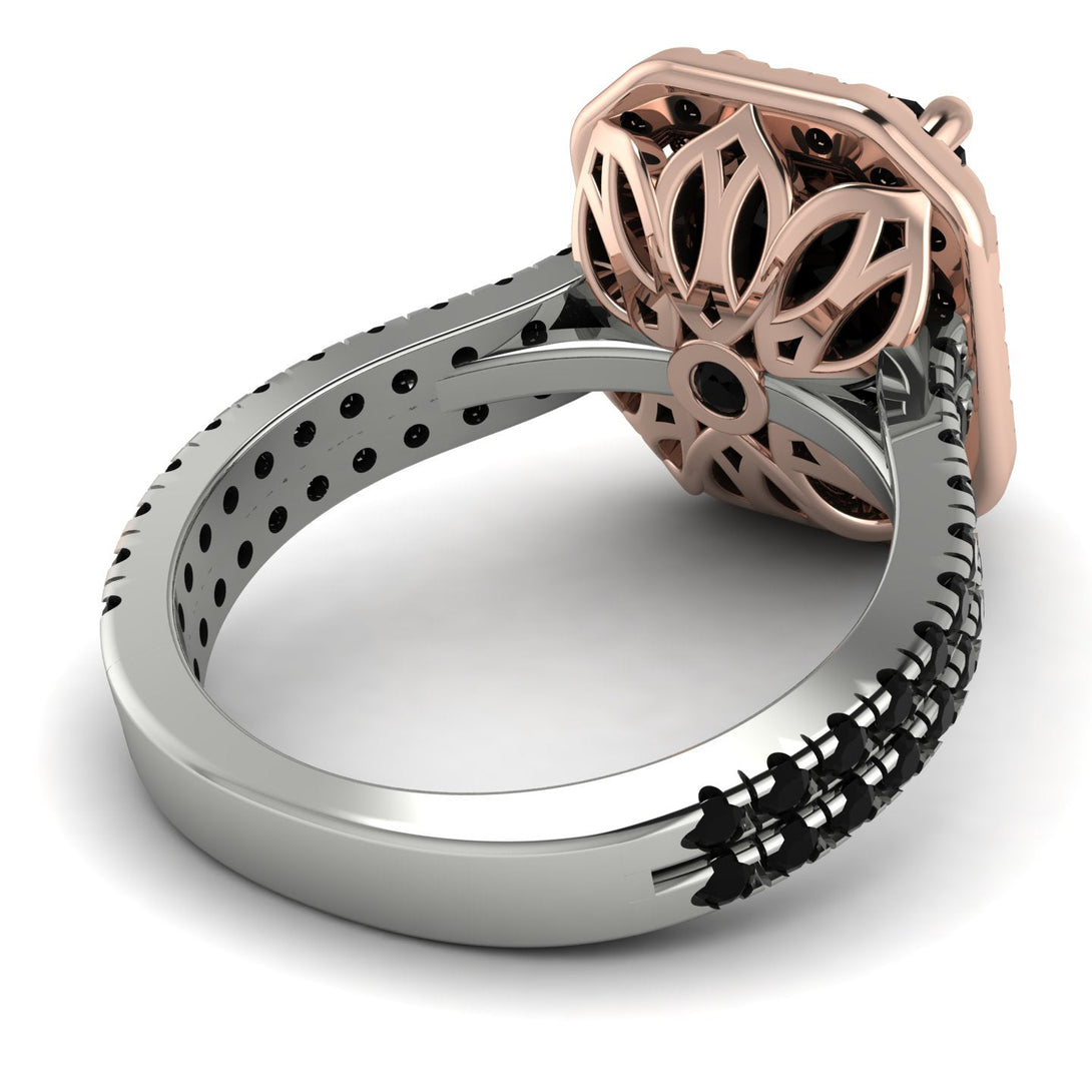 Two Tones Gorgeous Emerald Cut Black Diamond Pave Double Shank Engagement Ring With Hidden Stone - Veronica No. 81