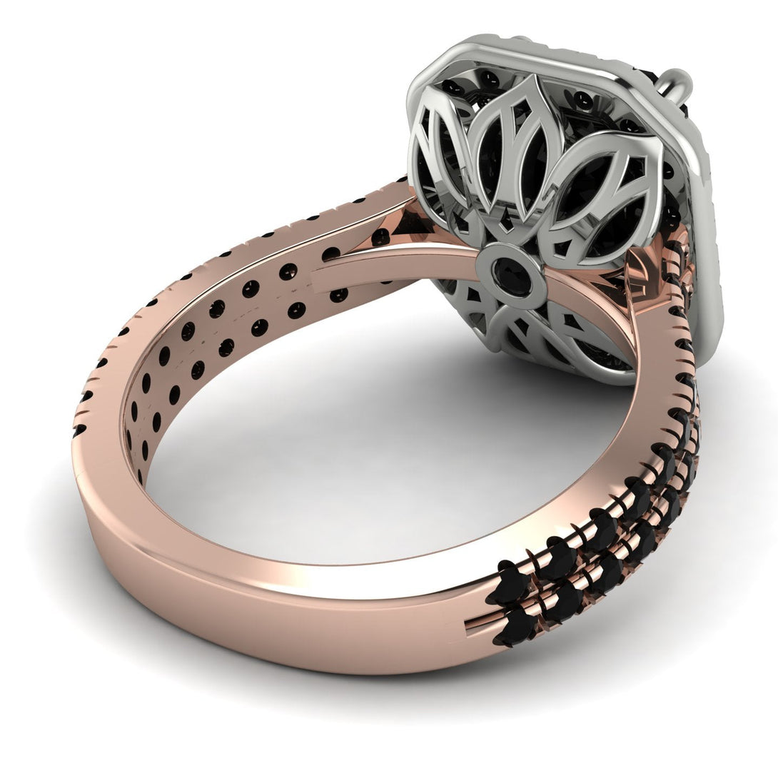 Two Tones Gorgeous Emerald Cut Black Diamond Pave Double Shank Engagement Ring With Hidden Stone - Veronica No. 81