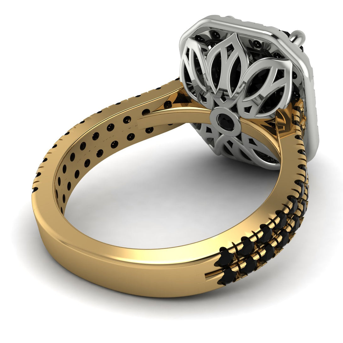 Two Tones Gorgeous Emerald Cut Black Diamond Pave Double Shank Engagement Ring With Hidden Stone - Veronica No. 80