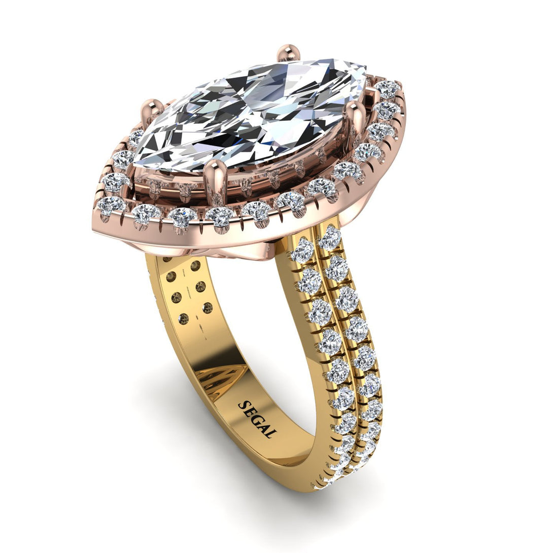 Two Tones Gorgeous Marquise Cut Diamond Pave Double Shank Engagement Ring With Hidden Stone - Miriam No. 76