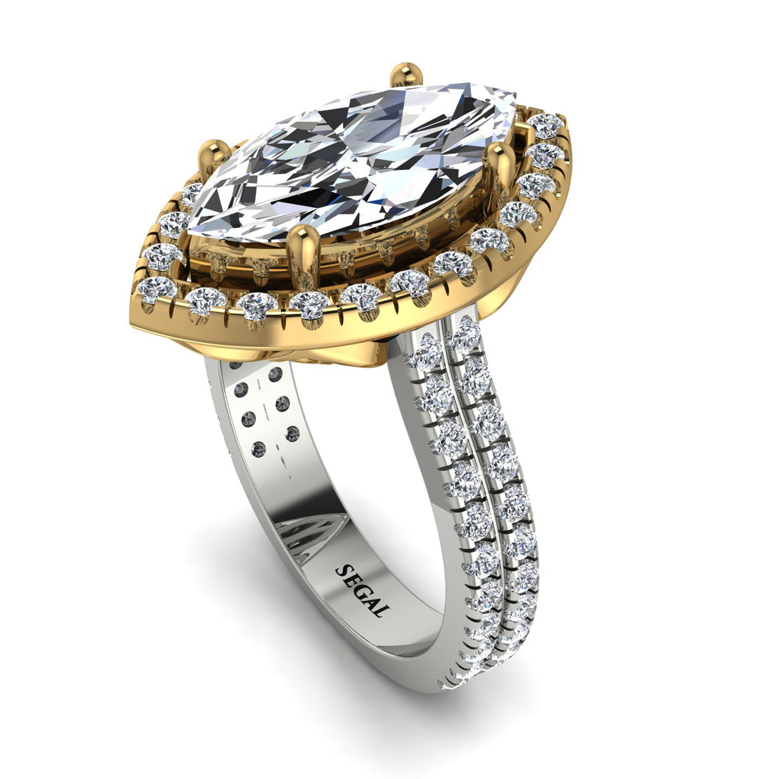 Two Tones Gorgeous Marquise Cut Diamond Pave Double Shank Engagement Ring With Hidden Stone - Miriam No. 77