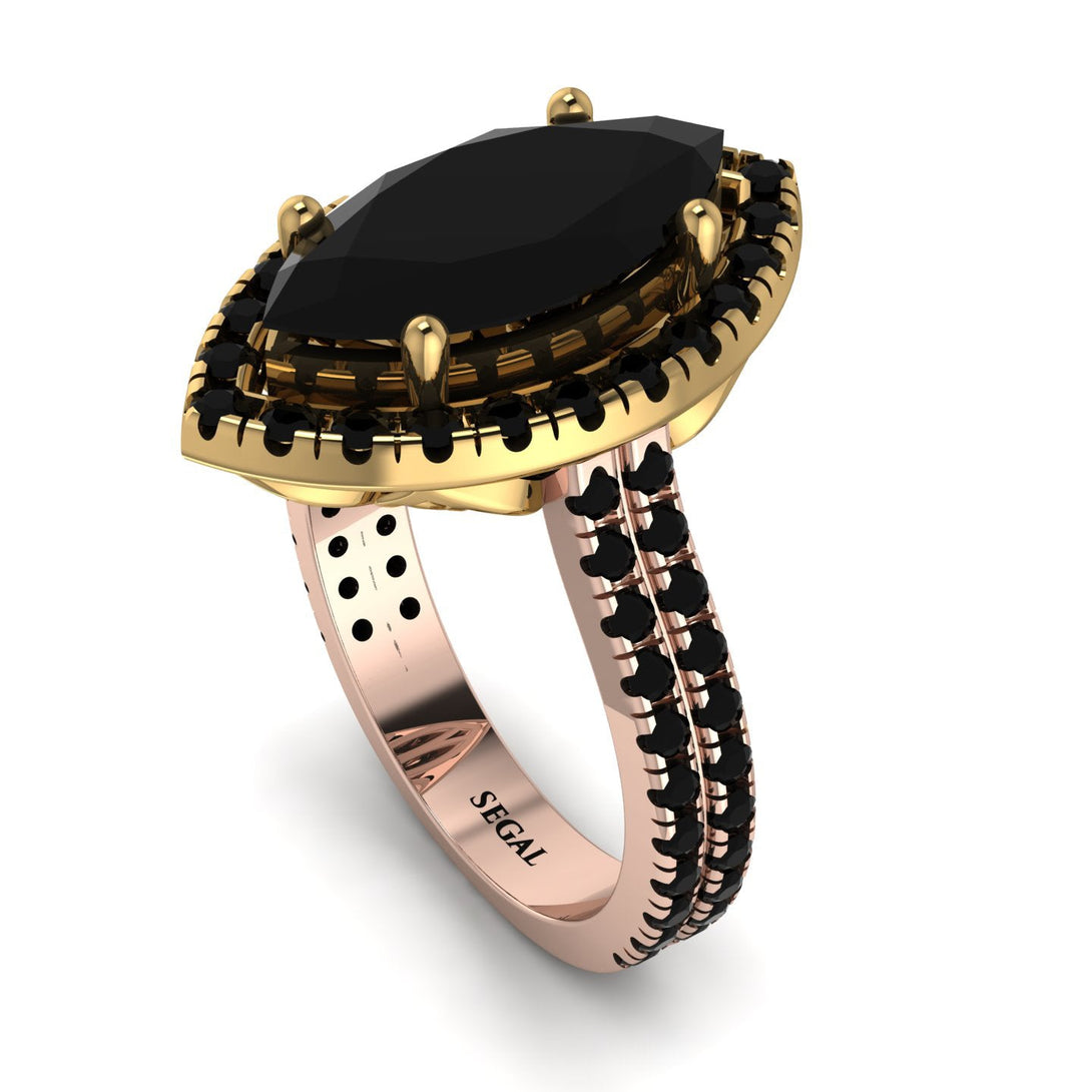 Two Tones Gorgeous Marquise Cut Black Diamond Pave Double Shank Engagement Ring With Hidden Stone - Miriam No. 79