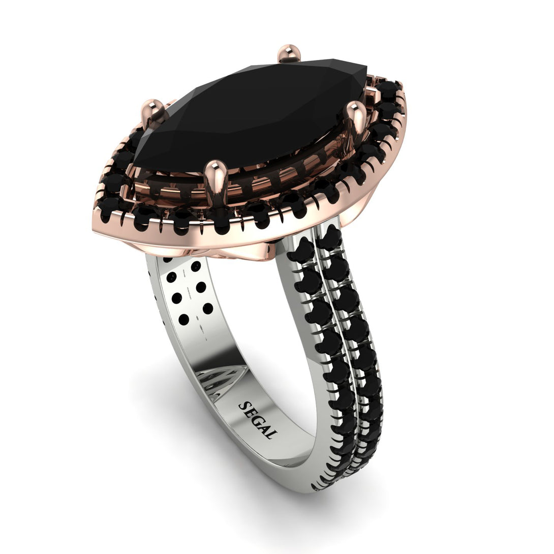 Two Tones Gorgeous Marquise Cut Black Diamond Pave Double Shank Engagement Ring With Hidden Stone - Miriam No. 81