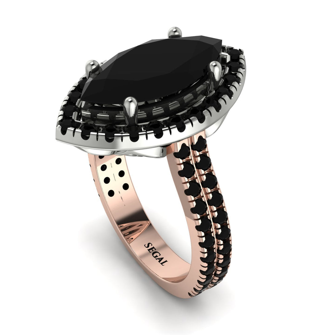 Two Tones Gorgeous Marquise Cut Black Diamond Pave Double Shank Engagement Ring With Hidden Stone - Miriam No. 81