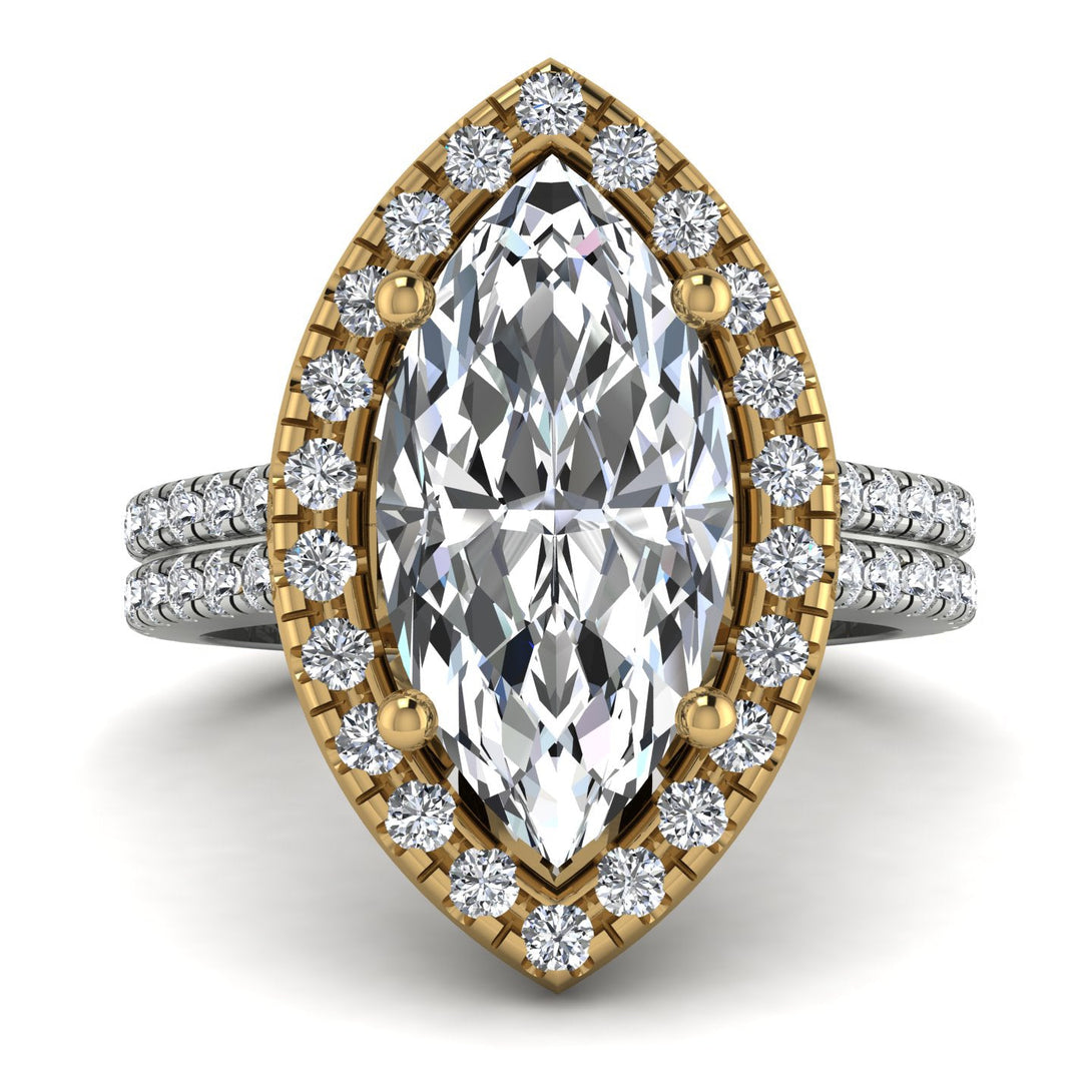 Two Tones Gorgeous Marquise Cut Diamond Pave Double Shank Engagement Ring With Hidden Stone - Miriam No. 77